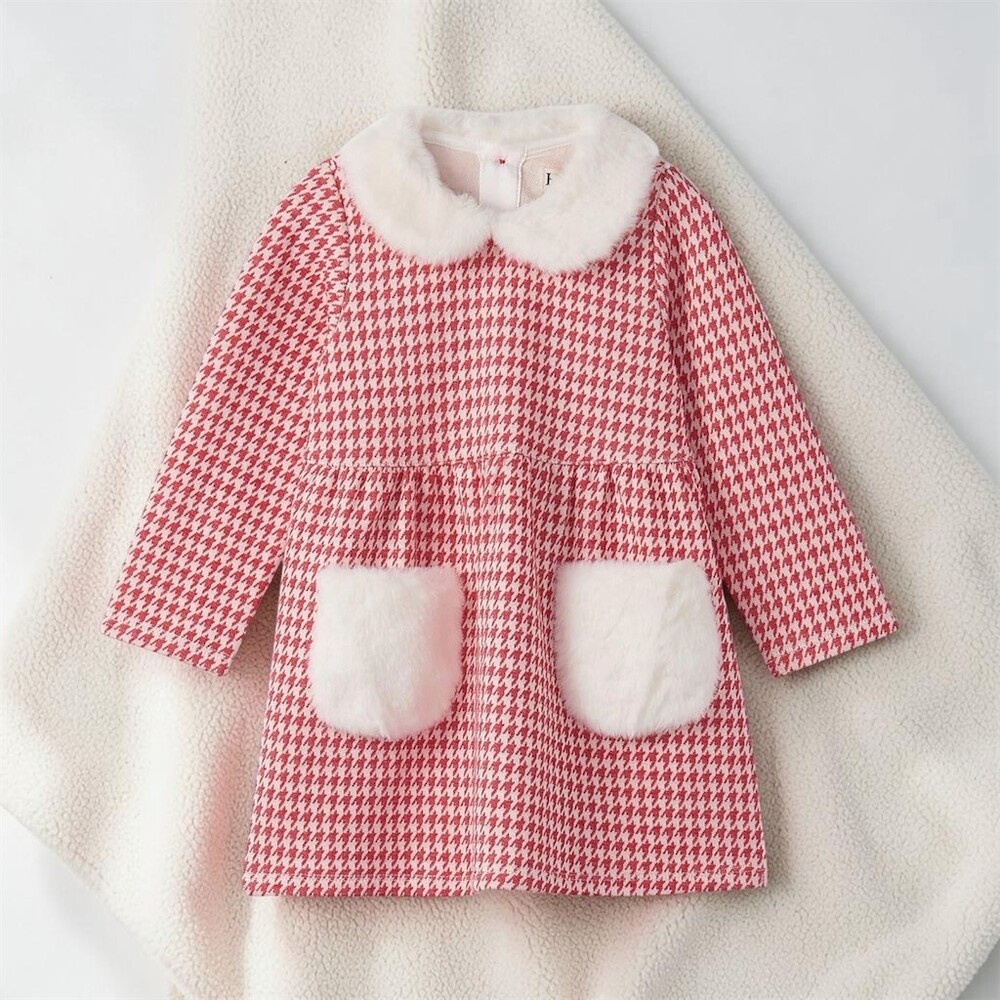 Hatley Dress Toddler Girls Red & White Houndstooth Fur Trim Dress with Pockets